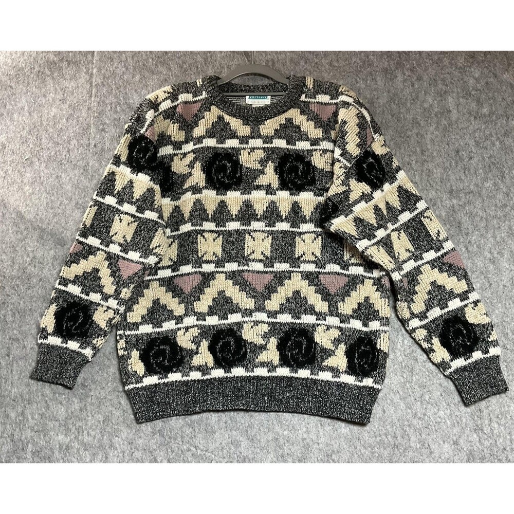 Vintage Sweater Womens Large Multicolor Geometric Knit Made USA Retro 80s 90s